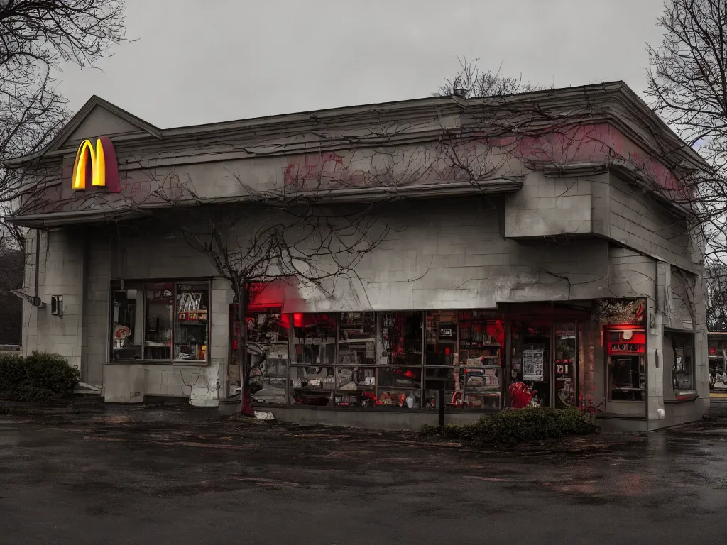 Image similar to the outside of a mcdonald's in the upside down from stranger things, ominous, dark, gloomy, hdr, moody lighting, horror