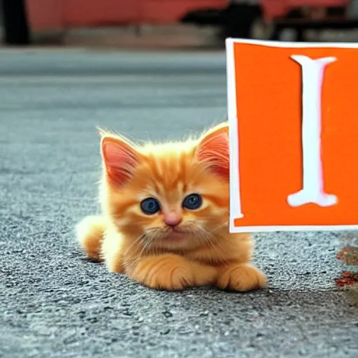 Image similar to cute fluffy orange tabby kitten with a sign that says