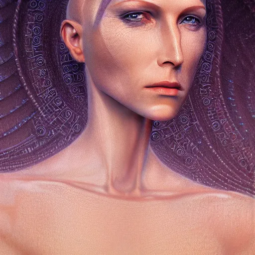 Prompt: sci - fi portrait of bene gesserit order sister by jean delville and rutkowski, mysterious, intricate, symmetry, goldenratio, hyperealistic, photoreal, 8 k resolution, highly detailed, proffesional illustration, high contrast, ambient occlusion