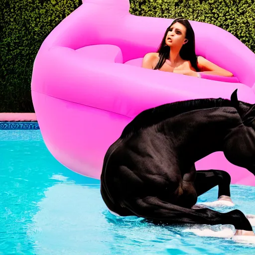 Prompt: a black horse taking a nap on a pink pool float hyperrealistic 4k 35mm fashion photography vogue magazine photoshoot