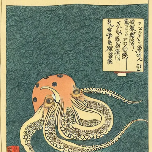 Image similar to an octopus using a laptop to hack into a server, ukiyo-e by Utagawa Kuniyoshi