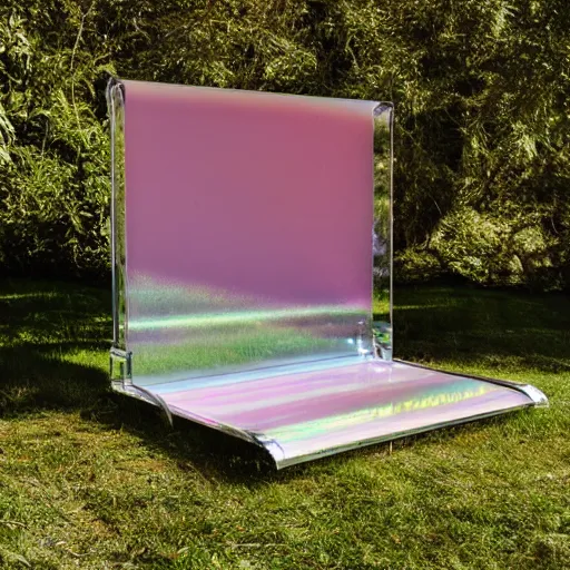 Image similar to a pastel coloured Polaroid photo of a luxurious sun bed and sun shade made of transparent iridescent perspex stood in a field, beams of light, nostalgic