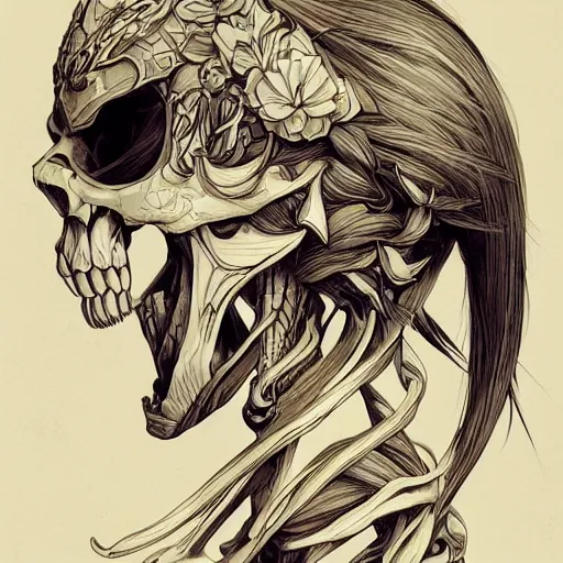 Image similar to anime manga skull profile young woman skeleton, elf, ape, monkey, unreal engine, intricate, elegant, highly detailed, digital art, art by JC Leyendecker and sachin teng