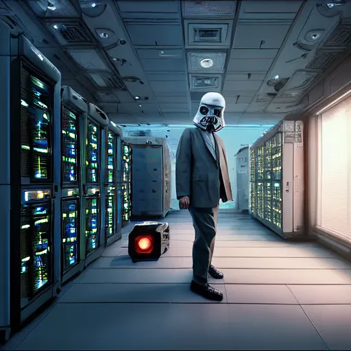 Image similar to hyperrealism detailed photography scene from stanley kubrick movie of highly detailed stylish system administrator from 2 0 7 7's as cyberpunk droid in josan gonzalez, gragory crewdson and katsuhiro otomo, mike winkelmann style with many details working at the detailed data center by laurie greasley hyperrealism photo on dsmc 3 system volumetric epic light rendered in blender