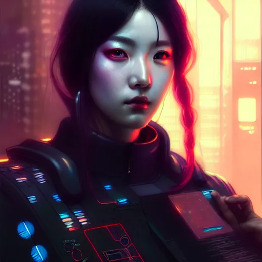 Image similar to portrait painting of a cyberpunk technician sunmi kpop, ultra realistic, concept art, intricate details, eerie, highly detailed, photorealistic, octane render, 8 k, unreal engine. art by artgerm and greg rutkowski and magali villeneuve and alphonse mucha