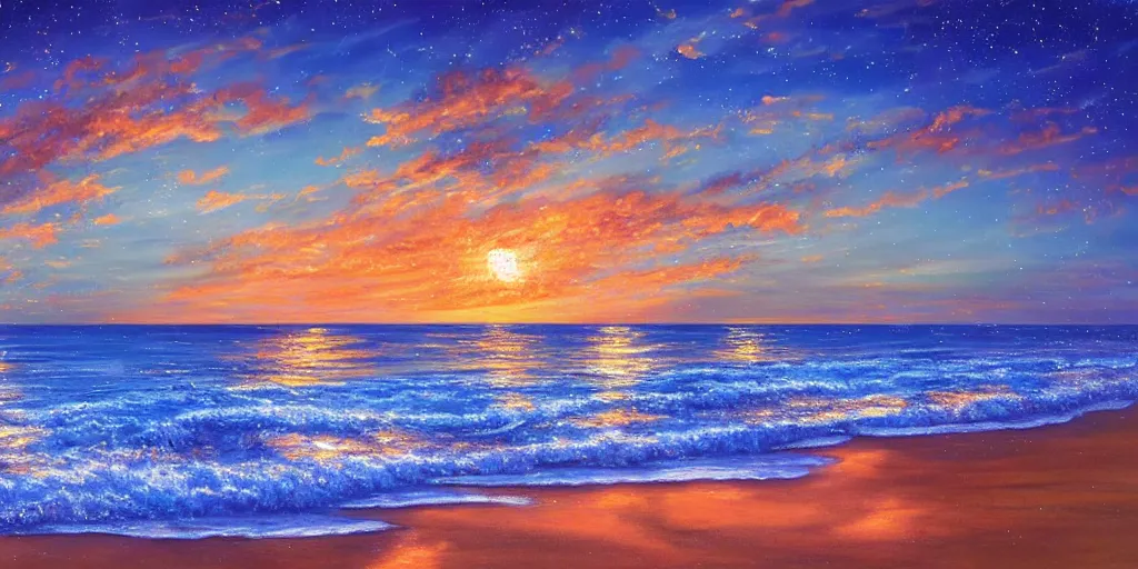 Prompt: a beautiful painting of the ocean, the sunset of the sea at eight o'clock in the evening, the sparkling light blue sea water, the stars shining, the beach, many golden twinkling crystal covering the beach, the sunset, the beautiful colorful clouds hd