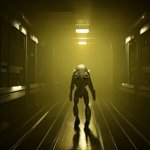 Image similar to scary alien running behind me in a space station corridor, alien! alien isolation, horror, game, cinematic, motion blur, highly detailed, 4 k, game screenshot, dark, white lightning