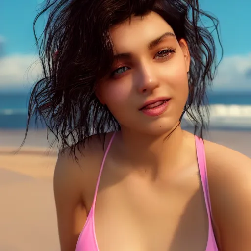 Prompt: real life photo of a beautiful girl, full body photoshoot, short yellow black hair, golden watery eyes, full round face, short smile, pale pink bikini, serene beach setting, cinematic lightning, medium shot, mid - shot, highly detailed, trending on artstation, unreal engine 4 k, 8 0 mm, 8 5 mm, cinematic wallpaper