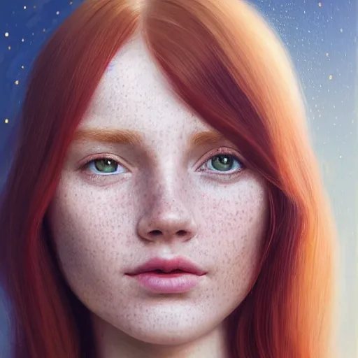 Image similar to portrait of a red haired girl, long hair, green eyes, hint of freckles, beautiful round face, soft amazed smiles, among golden fireflies, highly detailed, deep focus, elegant, digital painting, smooth, sharp focus, golden ratio, illustration, ultra realistic, 8 k, art by vittorio reggianini