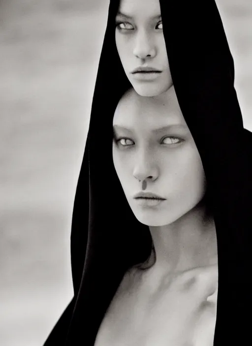 Image similar to a film still of a gorgeous girl in cloak designed byyohji yamamoto and rick owens, in vogue and gq editorial fashion photography, medium close - up, cannon ef 6 5 mm f / 2. 8 in dune