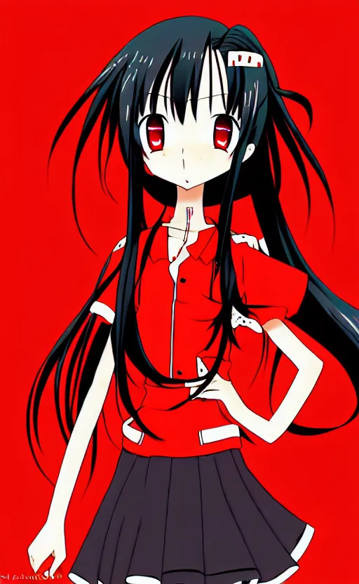 Prompt: anime girl with a detailed face and black hair in a red outfit, full body, trending, wide shot, illustration, by hiroyuki imaishi