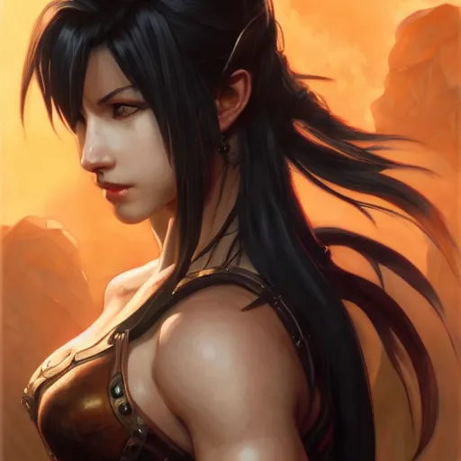 Image similar to an epic fantasy comic book style portrait painting of tifa, d & d, fantasy, joyful smirk, intricate, elegant, digital painting, artstation, concept art, extremely detailed, matte, sharp focus, illustration, art by artgerm and greg rutkowski and alphonse mucha