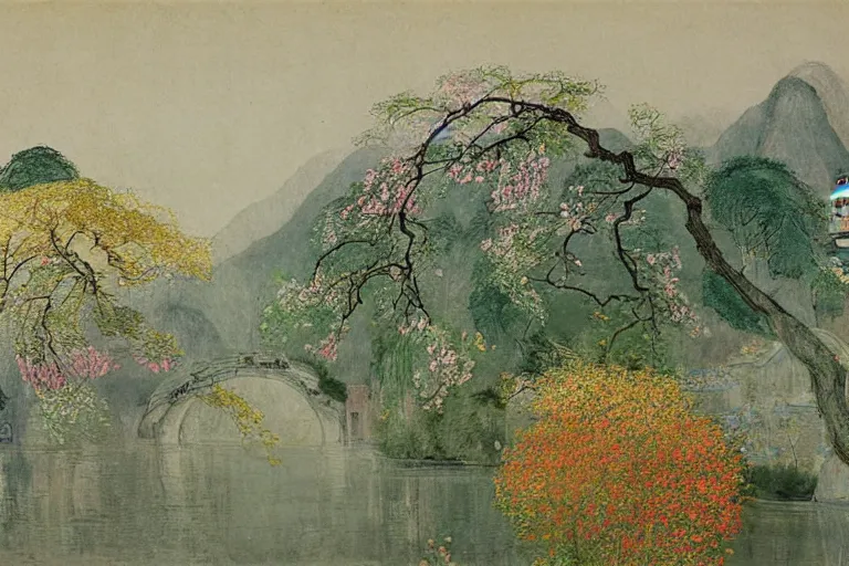 Image similar to an ultradetailed landscape painting of scenic westlake in china hangzhou, light yellow may flowers blossoms nearby, autumn wind, chinese water color, smooth, by hilma af klint