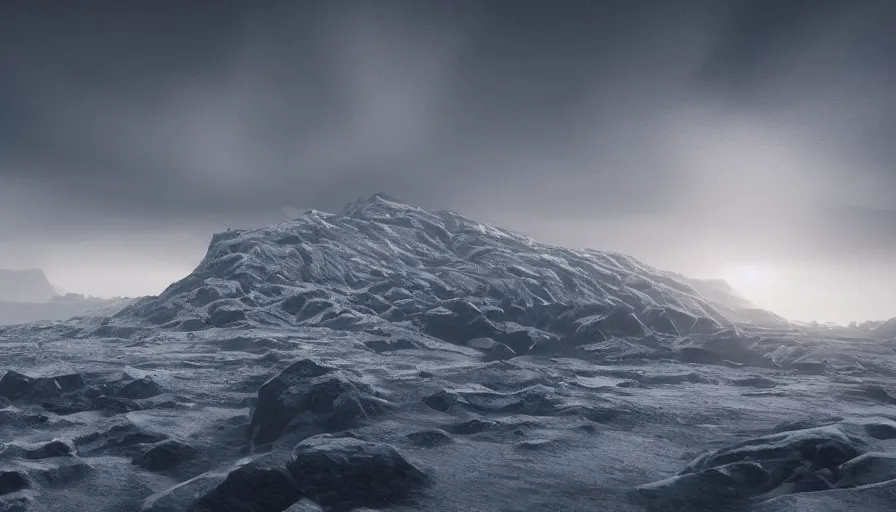 Image similar to brutalist fortress technological prism in edge of artic mountains snow hills in the distance, volumetric light, storm, hyperdetailed, artstation, cgsociety, 8 k