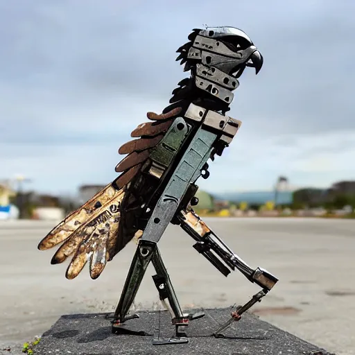 Image similar to A hawk model built from scrap metal, standing on asphalt, detailed close up photograph