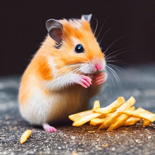 Image similar to detailed photo of a hamster eating fries, outdoors, various poses, full body, unedited, daylight, dof 8 k