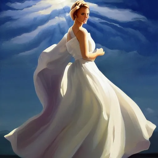 Image similar to a painting of a woman in a white dress, an airbrush painting by rhads, deviantart, fantasy art, sunrays shine upon it, deviantart, mystical