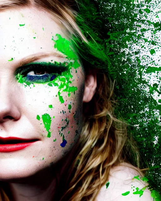 Image similar to photorealistic portrait headshot photos of kirsten dunst with bright green paint splattered across her face. photoshoot in the style of annie leibovitz, photorealistic, bokeh