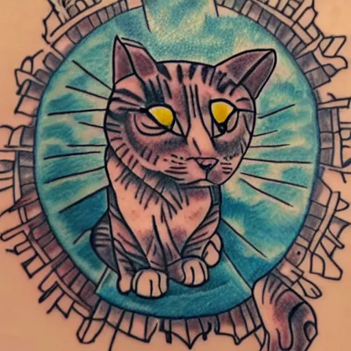 Prompt: tattoo sketch in polynesian style cat hugging the sun