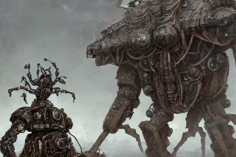 Prompt: giant armored ashigaru mantis war construct golem, glowing gnostic brian froud markings, rotating scythe blades, magic and steam - punk inspired, in an ancient stone circle on a plateau in a blizzard, kanji markings, concept painting by jessica rossier, hr giger, john berkey