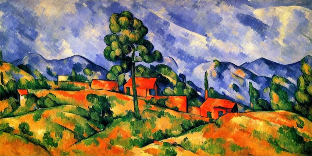 Image similar to stunning painting of landscape with an red cabin on a mountain by paul cezanne