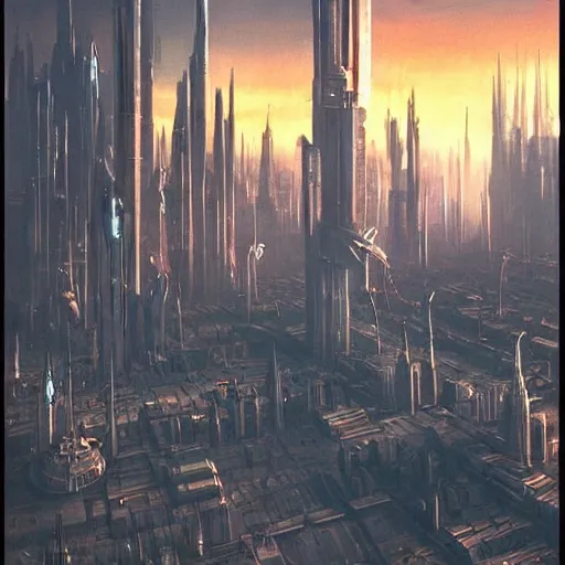 Image similar to dystopian evil cyberpunk cityscape, giant spires and buildings, 1 9 7 0 s star wars concept art painting