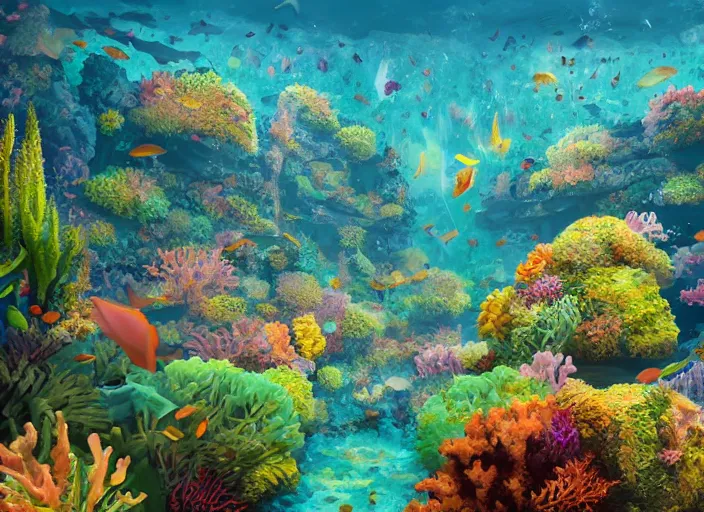 Image similar to overgrown foliage overtaking favela, underwater, colorful coral reef, scenery, professional, award - winning, trending on artstation, detailed, realistic, beautiful, emotional, shiny, golden, picture