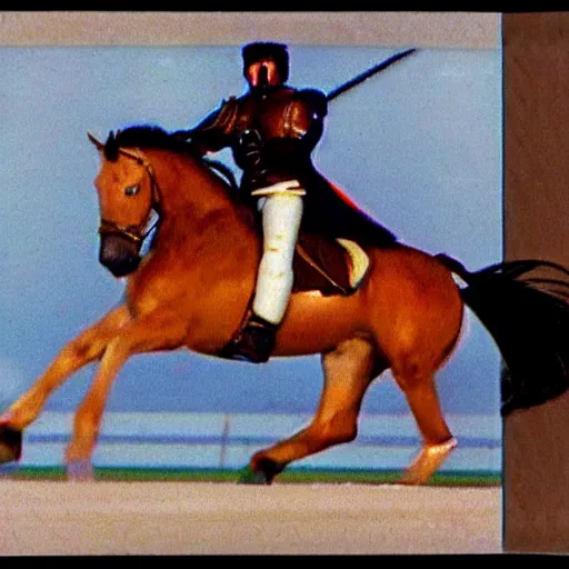 Image similar to a high - quality vhs video from 1 9 8 7 of a knight riding a horse