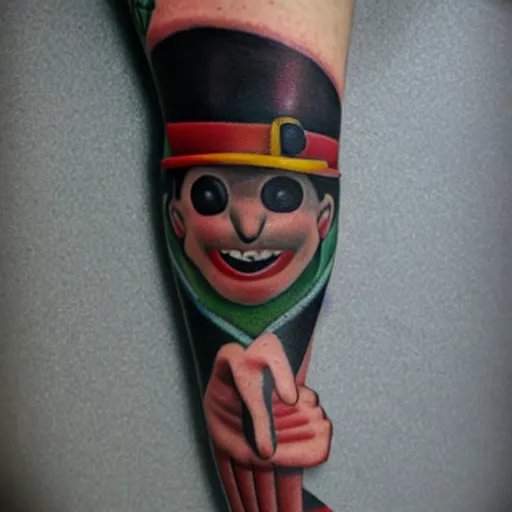 Image similar to tattoo of the hamburglar learning to fly