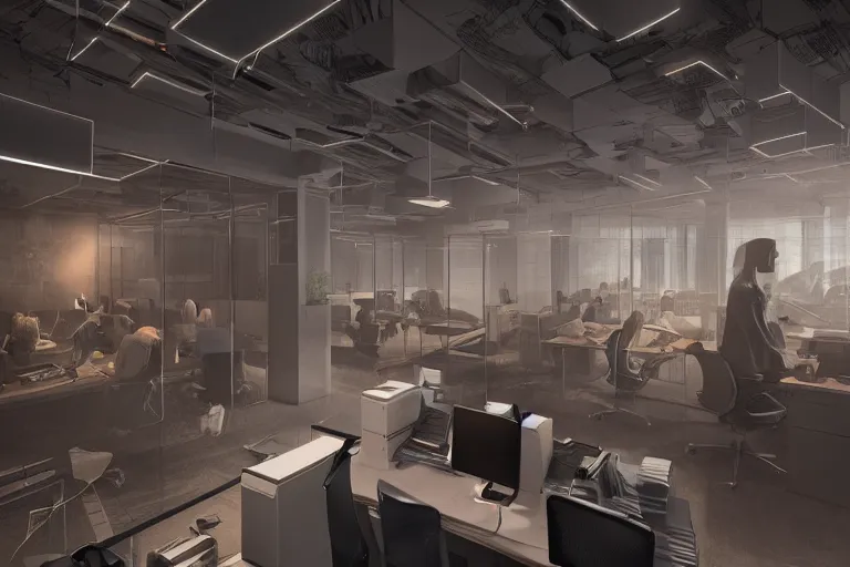 Image similar to the most amazing dream you ever had about hectic office interior, hyper realistic, ambient lighting, concept art, intricate, hyper detailed, smooth, dynamic volumetric lighting, octane, cinematic