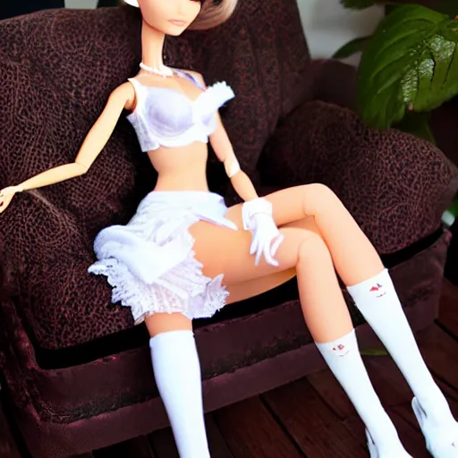 Prompt: anime barbie in white, sitting on a chair lace underwear, stockings, white bra, full length, standing posture, full length, patterned clothing