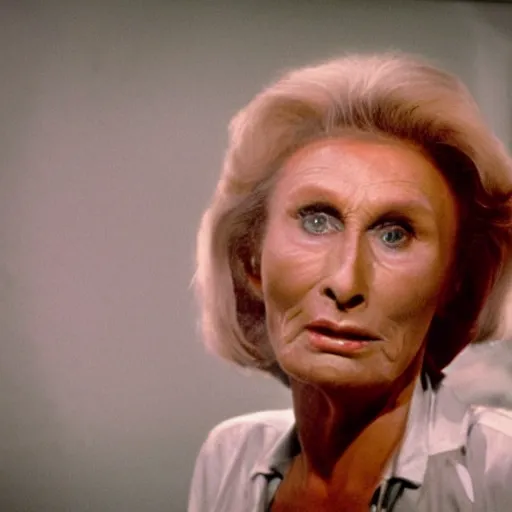 Image similar to 7 0 s film still from a horror movie of cloris leachman suffering from radiation induced moist desquamation, kodachrome, cinecolor, cinestill, film grain, film texture, retro, cinematic, high resolution, photorealism, - w 8 6 7