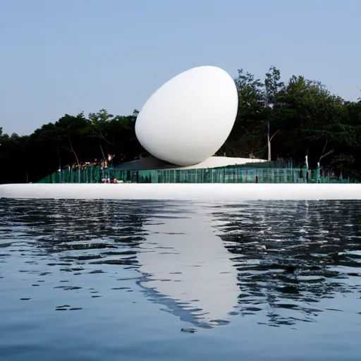 Prompt: a building formed by the fusion of many white egg - shaped spaces, on the calm lake, people's perspective