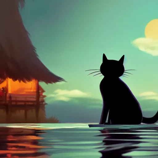 Prompt: a wholesome animation key shot of a black cat sailing a boat in the night, medium shot, studio ghibli, pixar and disney animation, sharp, rendered in unreal engine 5, anime key art by greg rutkowski, bloom, dramatic lighting