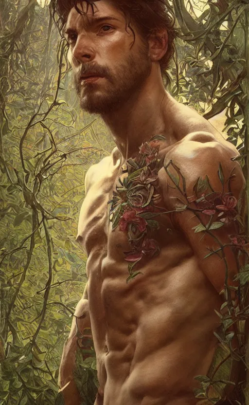 Image similar to god of the forest, 3 0 years old, rugged, handsome, male, detailed face, clean lines, atmospheric lighting, amazing, full body, thighs, flowers, muscular, intricate, highly detailed, digital painting, deviantart, concept art, sharp focus, illustration, art by greg rutkowski and alphonse mucha