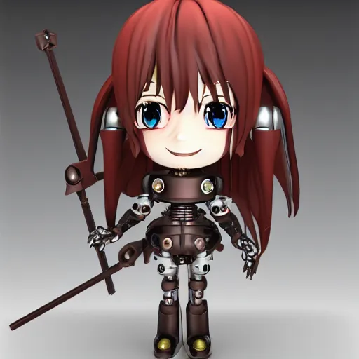 Prompt: cute chibi pvc figure of a robot girl, steampunk knight armor, energetic, anime, vray