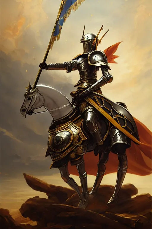 Image similar to baroque oil painting of anime key visual concept art of female knight wearing silver armor with gold trims, holding up a war banner of a great empire, battlefield, trending on artstation, brush strokes, oil on canvas, style of kawacy and makoto shinkai and greg rutkowski and studio ghibli