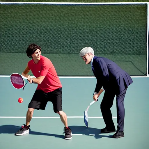 Prompt: justin trudeau facing off against stephen harper in a game of pickleball, photo, 8 k
