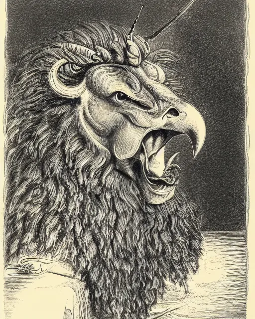 Image similar to a creature with the body and eyes of a man, with the beak of an eagle, the mane of a lion, and the horns of an ox. drawn by francis bacon