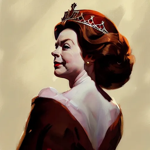 Image similar to greg manchess portrait painting of queen elizabeth ii as overwatch character, medium shot, asymmetrical, profile picture, organic painting, rainy day, matte painting, bold shapes, hard edges, street art, trending on artstation, by huang guangjian and gil elvgren and sachin teng