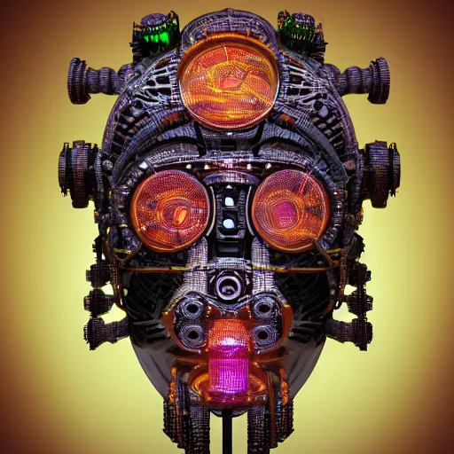 Prompt: a glossy claymodel of a steampunk aztec futuristic robot head, top of the head is made of gears and wires and multicolored glowing tubes, eyes are multicolored led screen, 8 k, front shot, symetrical, flourescent colors, halluzinogenic, multicolored, insanely detailed, 3 d render, octane