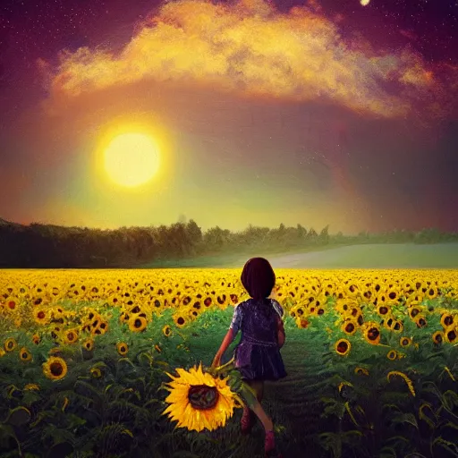 Image similar to huge sunflower head, girl walking in wheat field, hills, surreal photography, dark night, star trails, dramatic light, impressionist painting, clouds, digital painting, artstation, simon stalenhag