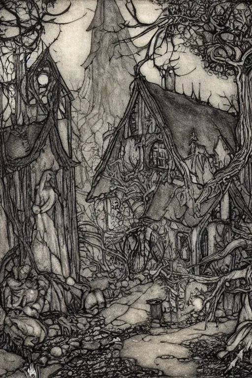 Prompt: a witch's cottage in a dark forest, with several broken statues, by arthur rackham and edmund dulac, HD, 4k, 8k, incredibly detailed, intricate, ominous, masterpiece, digital illustration, trending on artstation