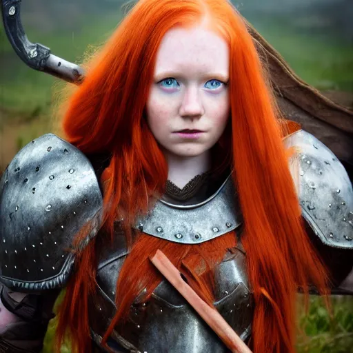 Image similar to north girl, adult, warrior, red hair, ginger hair, fantasy, high detailed, photography, cloudy, lightweight armor, Scandinavia, plain, Authentic, detailed face, cute face, spear in hand