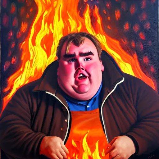 Image similar to portrait of john candy crying in the metaverse, fire and pain, oil on canvas by william sydney mount, trending on artstation