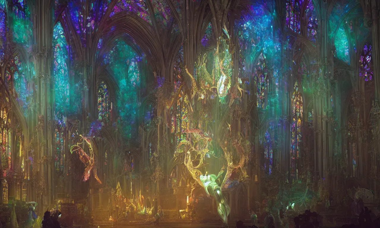 Prompt: a luminous springtime fairytale of a large iridescent dragon playing a magical instruments in a colorful gothic cathedral with stained glass windows, by Gustave Dore', rendered in Octane, trending on CGSociety