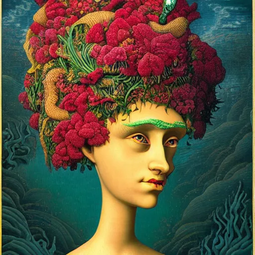 Image similar to Michael Hutter, award winning masterpiece with incredible details, Michael Hutter, a surreal vaporwave vaporwave vaporwave vaporwave vaporwave painting by Michael Hutter of an old pink mannequin head with flowers growing out, sinking underwater, highly detailed Michael Hutter