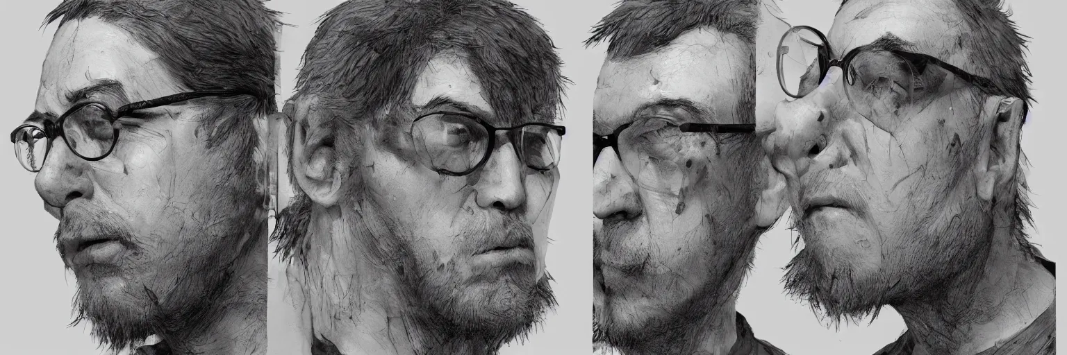 Prompt: character faces, realistic john zorn walking, clear john zorn face, glasses, geek, character sheet, fine details, concept design, contrast, kim jung gi, greg rutkowski and francis bacon, trending on artstation, 8 k, emotional, face turnaround, front view, back view, side view, ultra wide angle