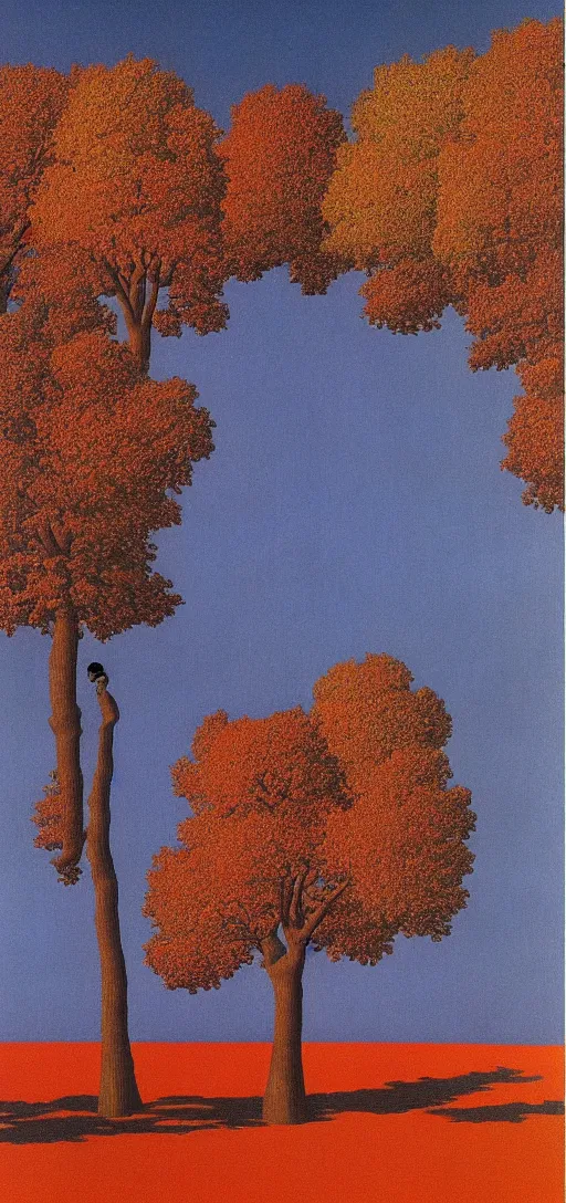 Image similar to Sunset on an autumn day in the park by Rene Magritte. Surreal. Fractal.