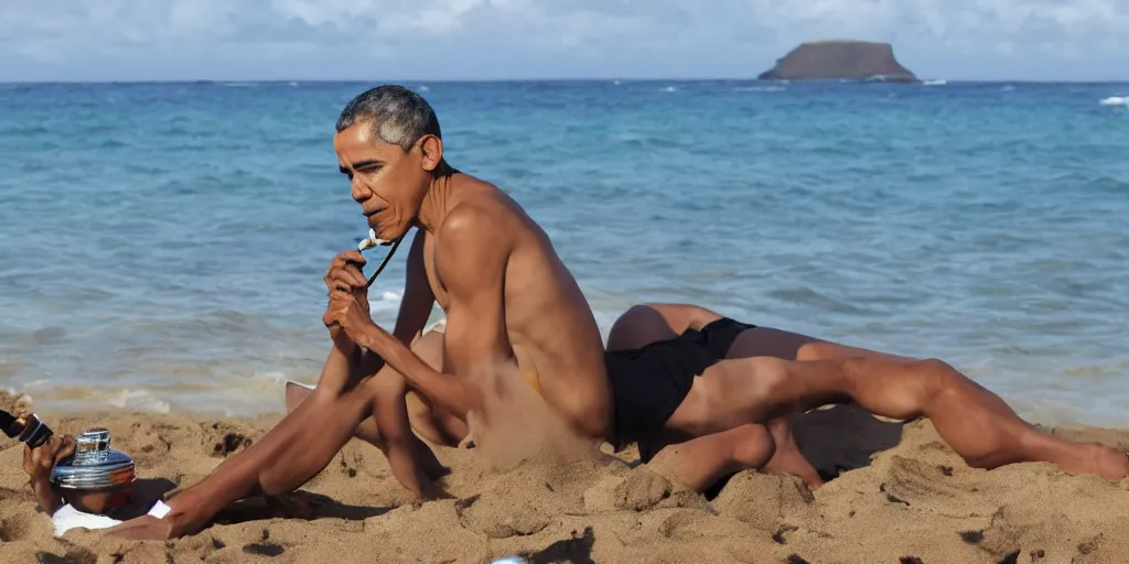 Image similar to barack obama smoking a bong on a beach in hawaii